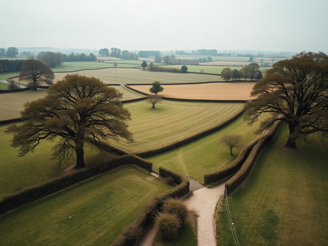 Aerial view of a British mixed farming estate with hedgerows and pasture fields