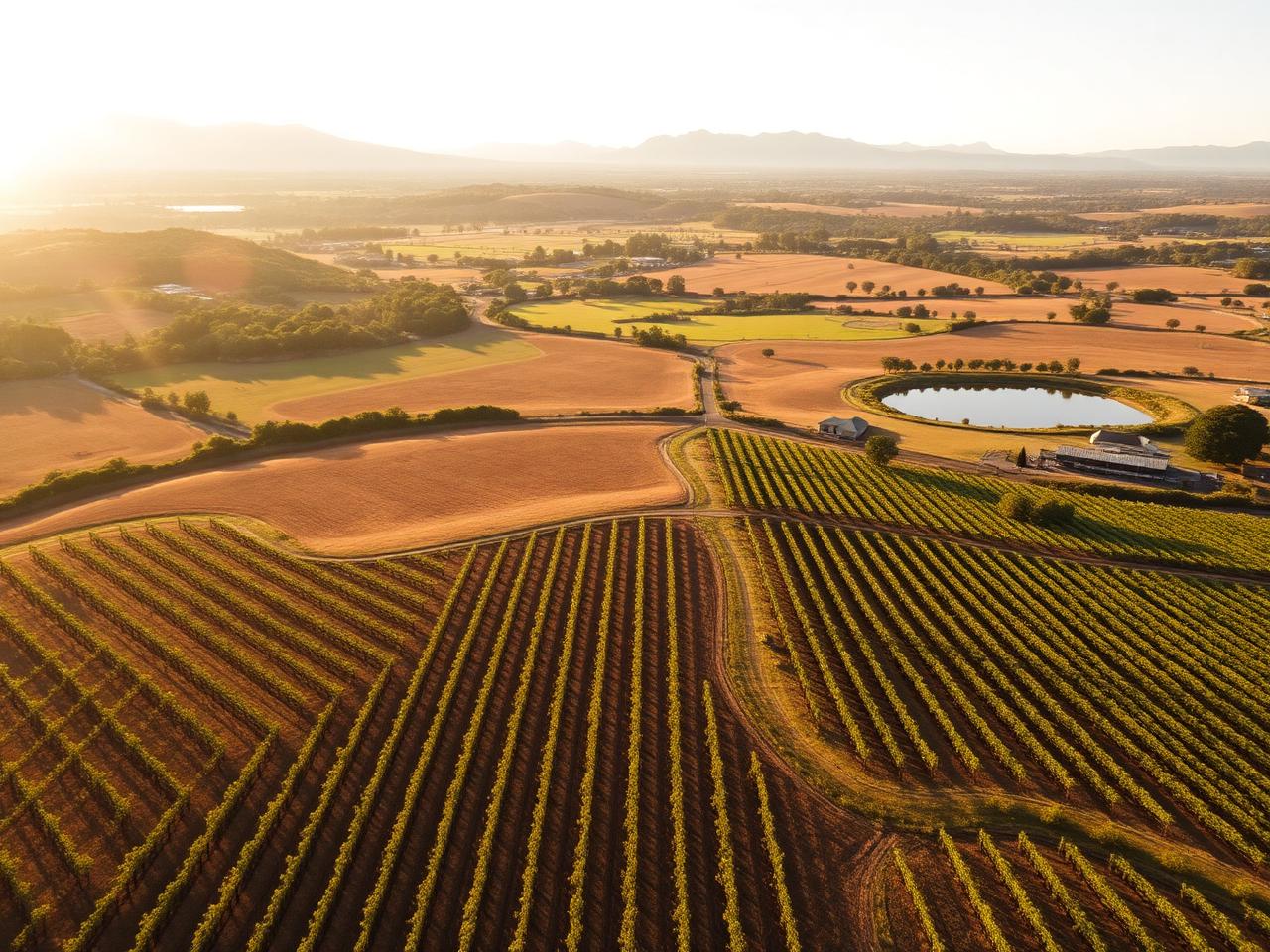 Aerial view of a South African agricultural estate with vineyards, orchards and grazing land